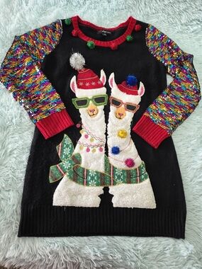 33 Degrees Llama Ugly Christmas Sweater Dress Sequin Sleeves Poms Jr M